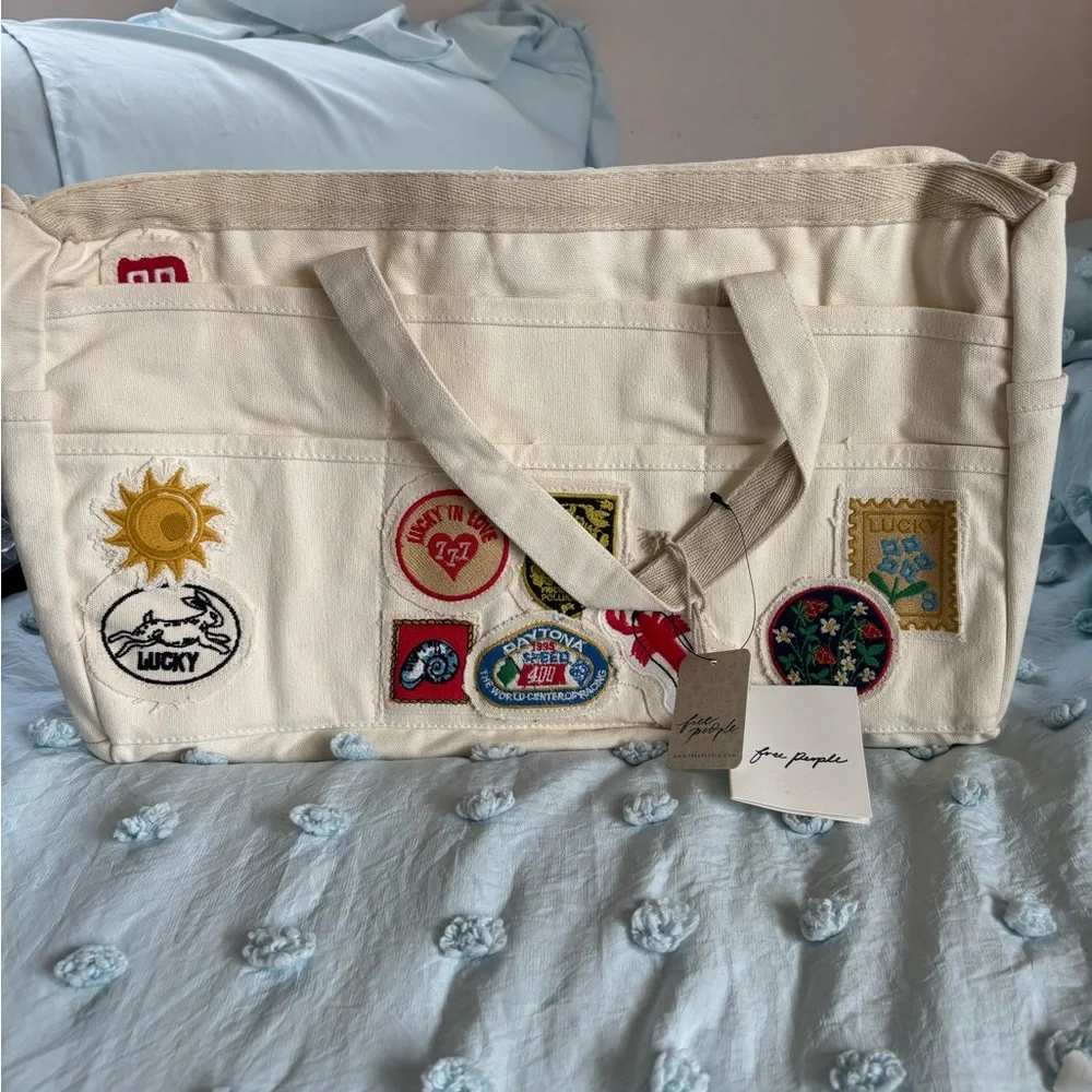 Free People Kiss My Patch Cream Canvas Tote with Colorful Patches - Picture 1 of 12